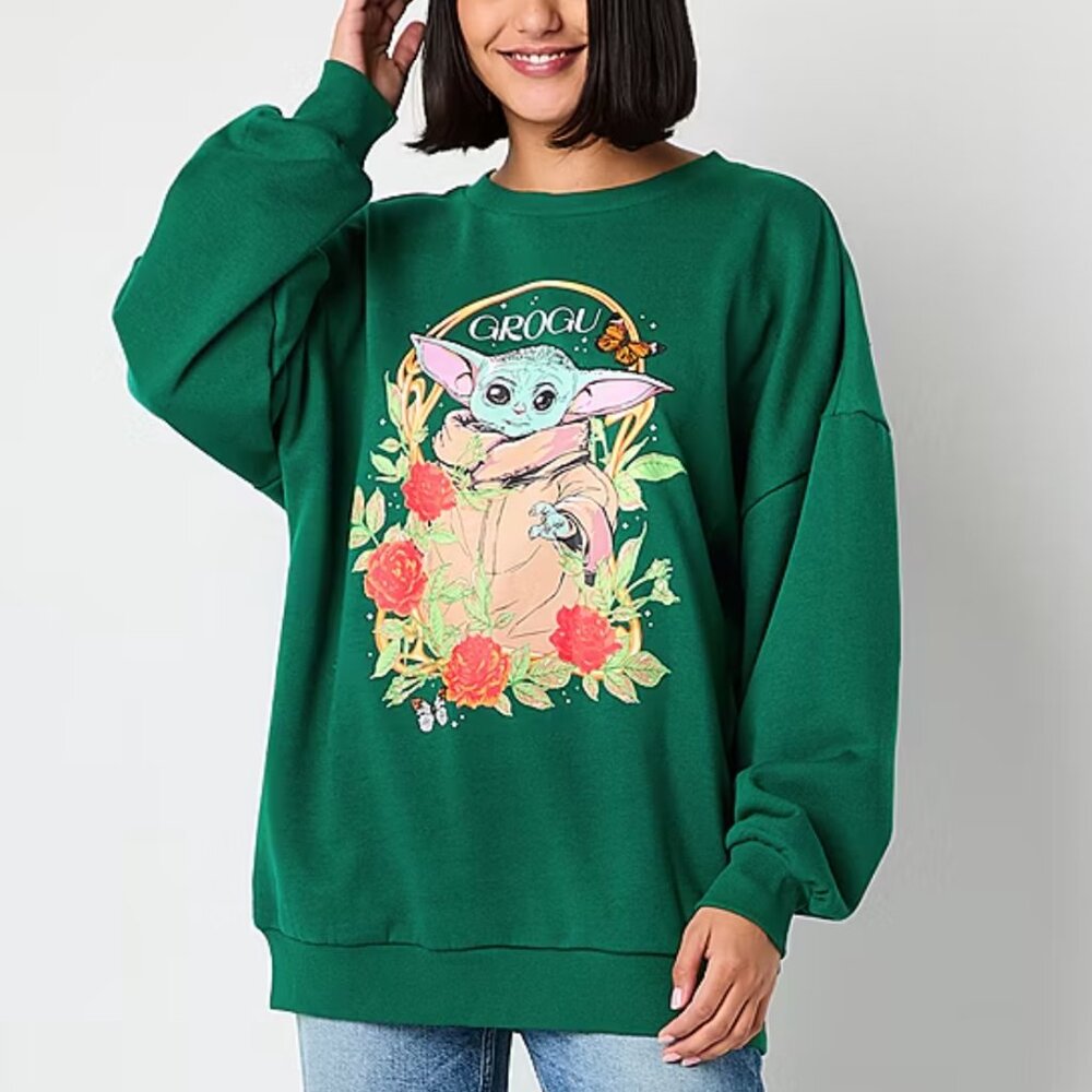 Star Wars Womens Juniors Baby Yoda The Child Crew Neck Long Sleeve Sweatshirt XS